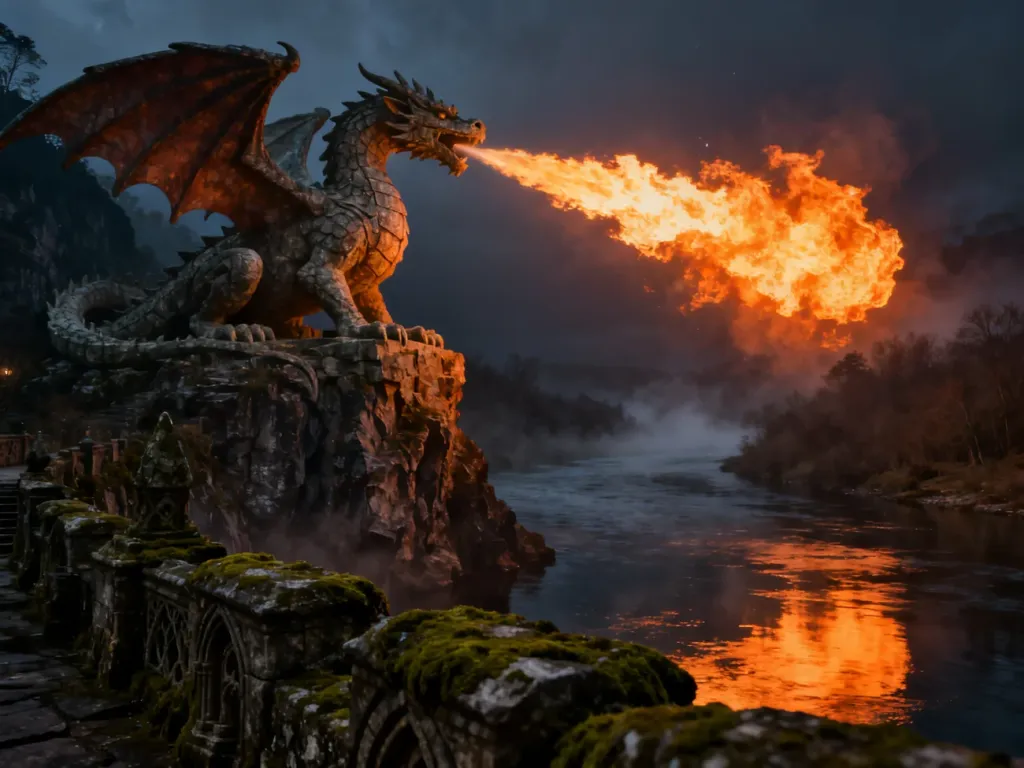 Kamienny posąg smoka wawelskiego na skalistym klifie, ziejący ogniem w stronę rzeki w nocnej, mrocznej scenerii.