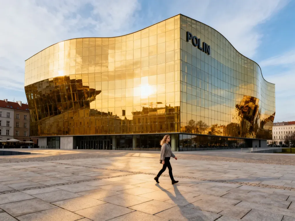 Nowoczesna, szklana fasada Muzeum POLIN w Warszawie z kobietą spacerującą po placu przed budynkiem.