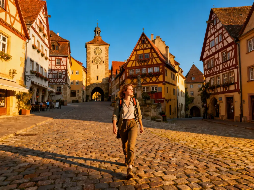 Turystka spacerująca po malowniczym rynku w Rothenburg ob der Tauber wśród zabytkowych domów z muru pruskiego.
