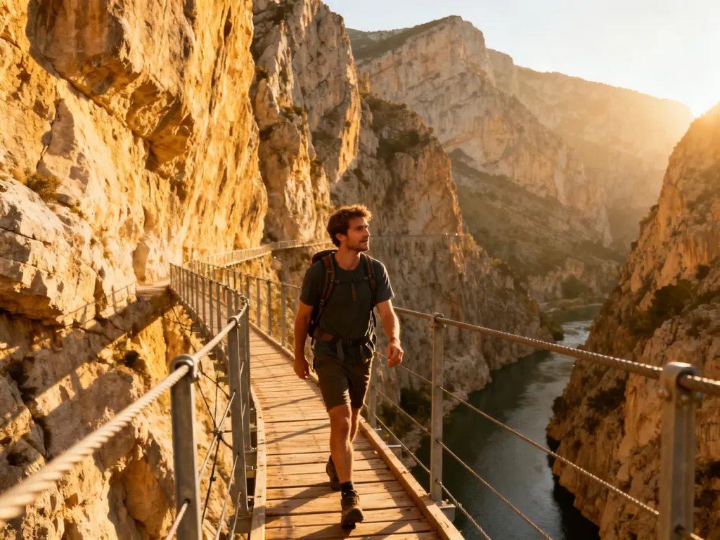 Turysta wędrujący wąską kładką Caminito del Rey zawieszoną nad głębokim kanionem w otoczeniu wysokich wapiennych klifów.