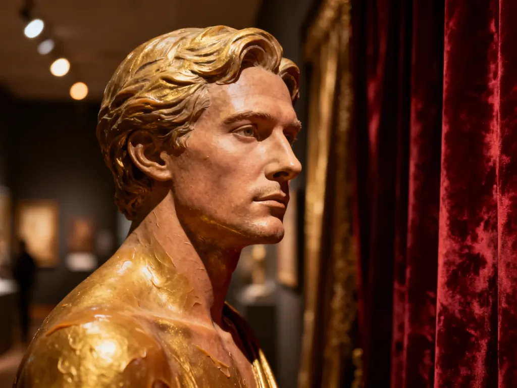 Realistyczna figura woskowa mężczyzny w eleganckim wnętrzu krakowskiego muzeum.