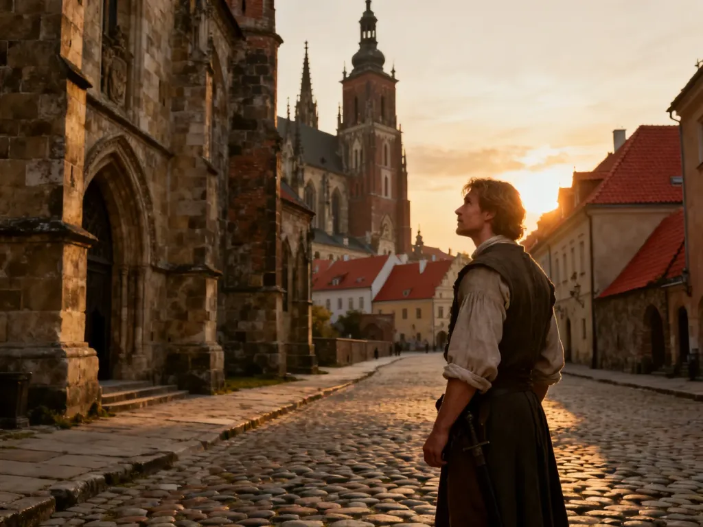 Mężczyzna w historycznym stroju na tle średniowiecznej zabudowy polskiego miasta w świetle zachodzącego słońca.