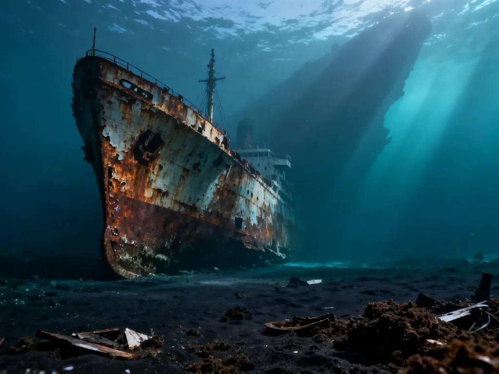 Zardzewiały dziób wraku Titanica spoczywający na dnie oceanu w otoczeniu szczątków i mrocznej głębiny.