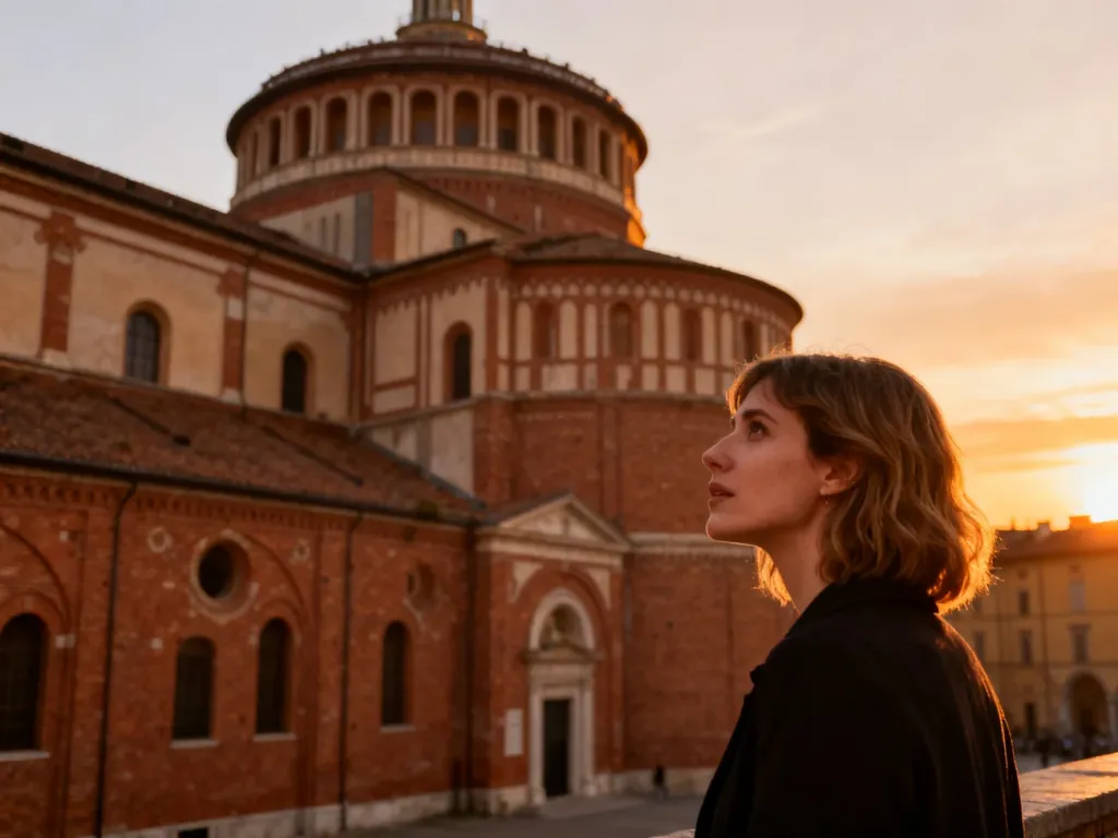 Turystka podziwiająca renesansową architekturę bazyliki Santa Maria delle Grazie w Mediolanie podczas zachodu słońca.