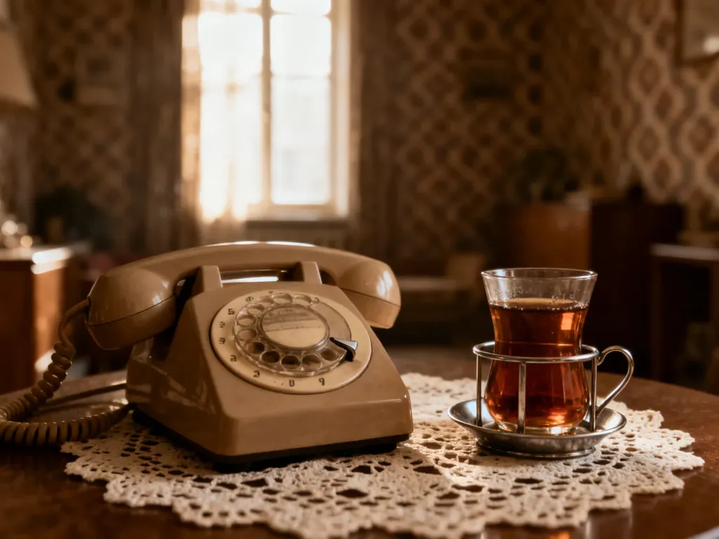 Stary telefon z tarczą i herbata w koszyczku na koronkowej serwetce, przywołujące klimat polskiego mieszkania z lat 70.