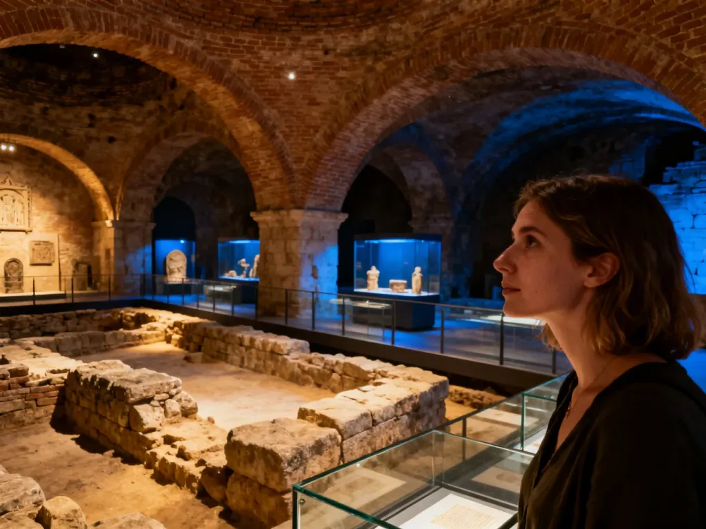 Turystka zwiedzająca podziemne wystawy archeologiczne w krakowskich Podziemiach Rynku wśród średniowiecznych fundamentów.