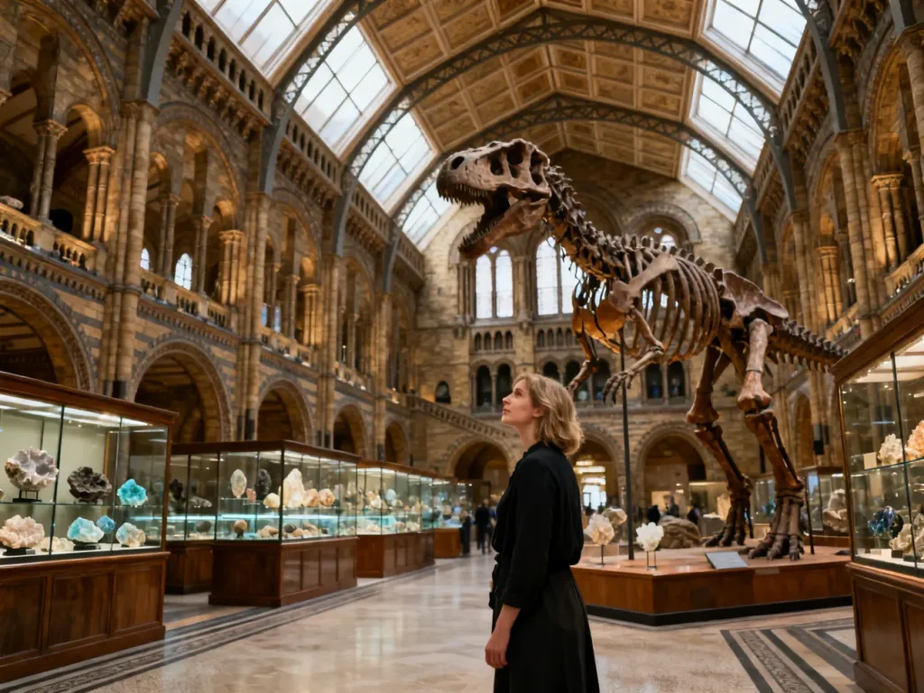 Zwiedzająca podziwia szkielet dinozaura w bogato zdobionej sali Muzeum Historii Naturalnej w Wiedniu.