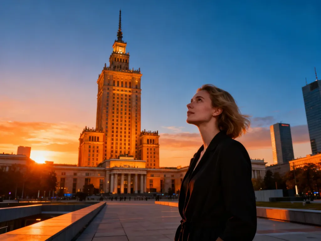 Kobieta podziwiająca Pałac Kultury i Nauki w Warszawie o zachodzie słońca. Budynek rozświetlony ciepłym światłem złotego godziny.