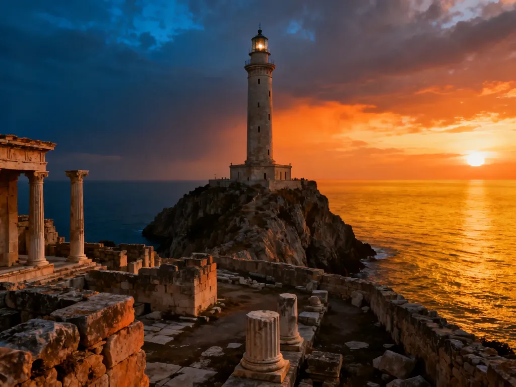 Majestatyczna latarnia morska na Faros o zachodzie słońca, otoczona antycznymi ruinami na skalistym wybrzeżu.