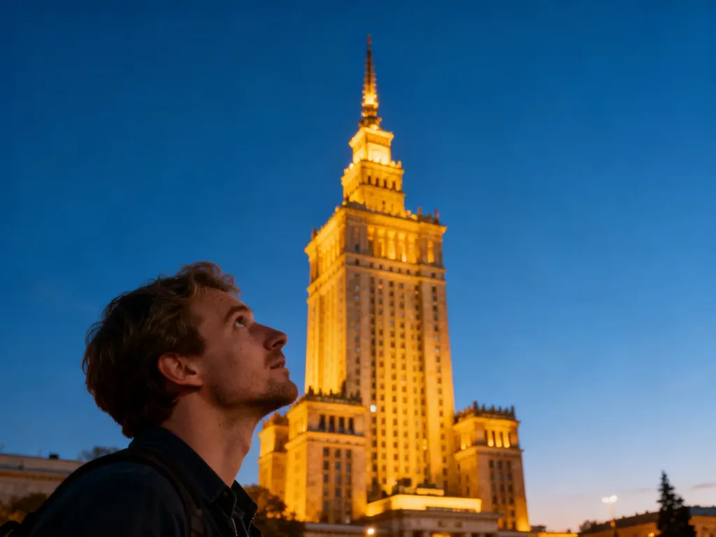 Mężczyzna podziwiający Pałac Kultury i Nauki w Warszawie o zachodzie słońca. Budynek jest oświetlony ciepłym światłem.