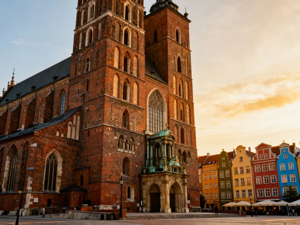 Imponująca ceglana bryła Bazyliki Mariackiej w Gdańsku na tle zabytkowych kamienic w świetle zachodzącego słońca.